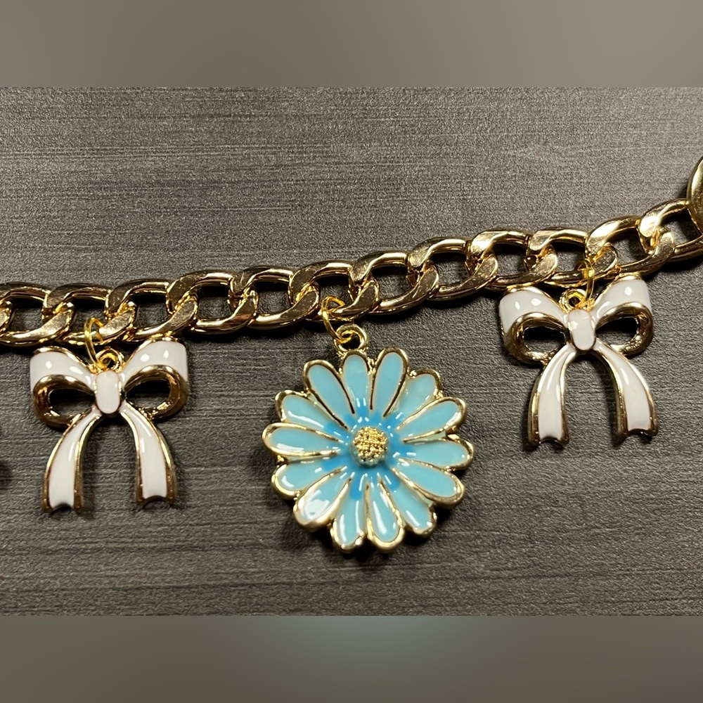 Bag Charm Chain in Gold Tone with Blue Flowers and White Bow Ties - Picture 3 of 4